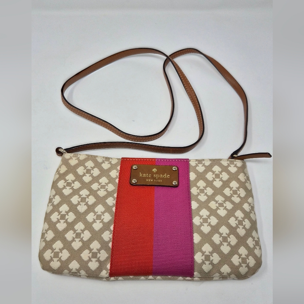 kate spade Beige Canvas Crossbody with Red & Pink Center Stripe